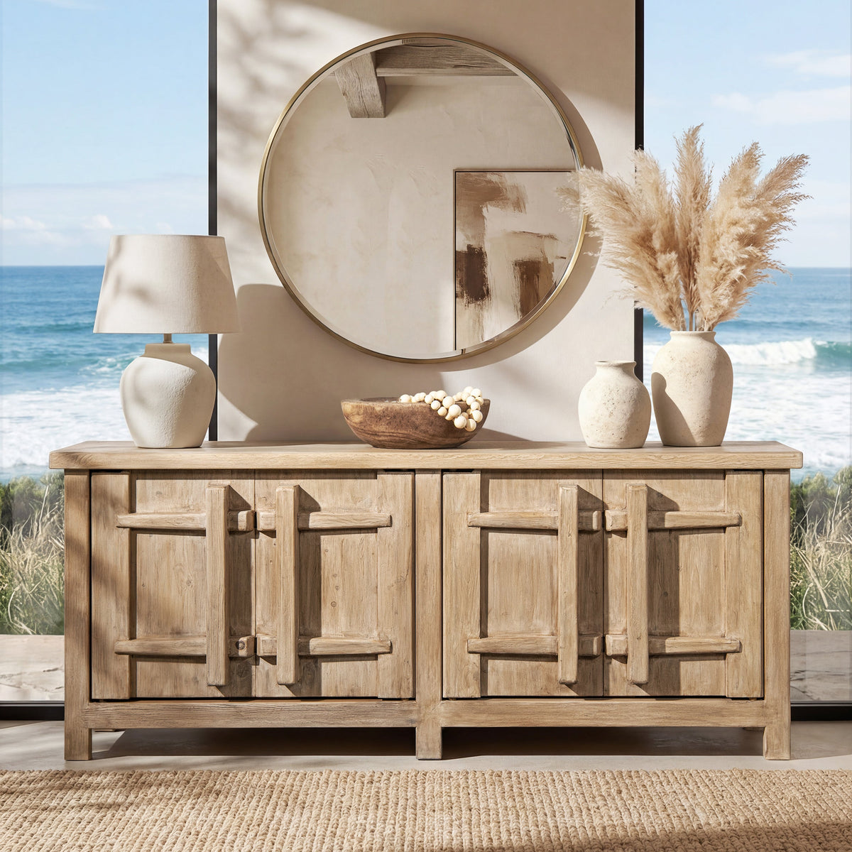 Rowan 91" Reclaimed Pine 4-Door Crossbar Sideboard Cabinet