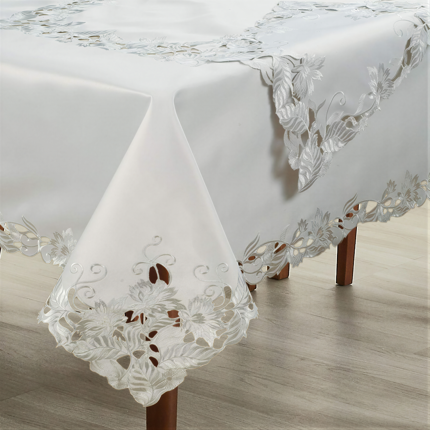 European Embroidered Table Topper – Rustic Gray Tablecloth for Dining Protection