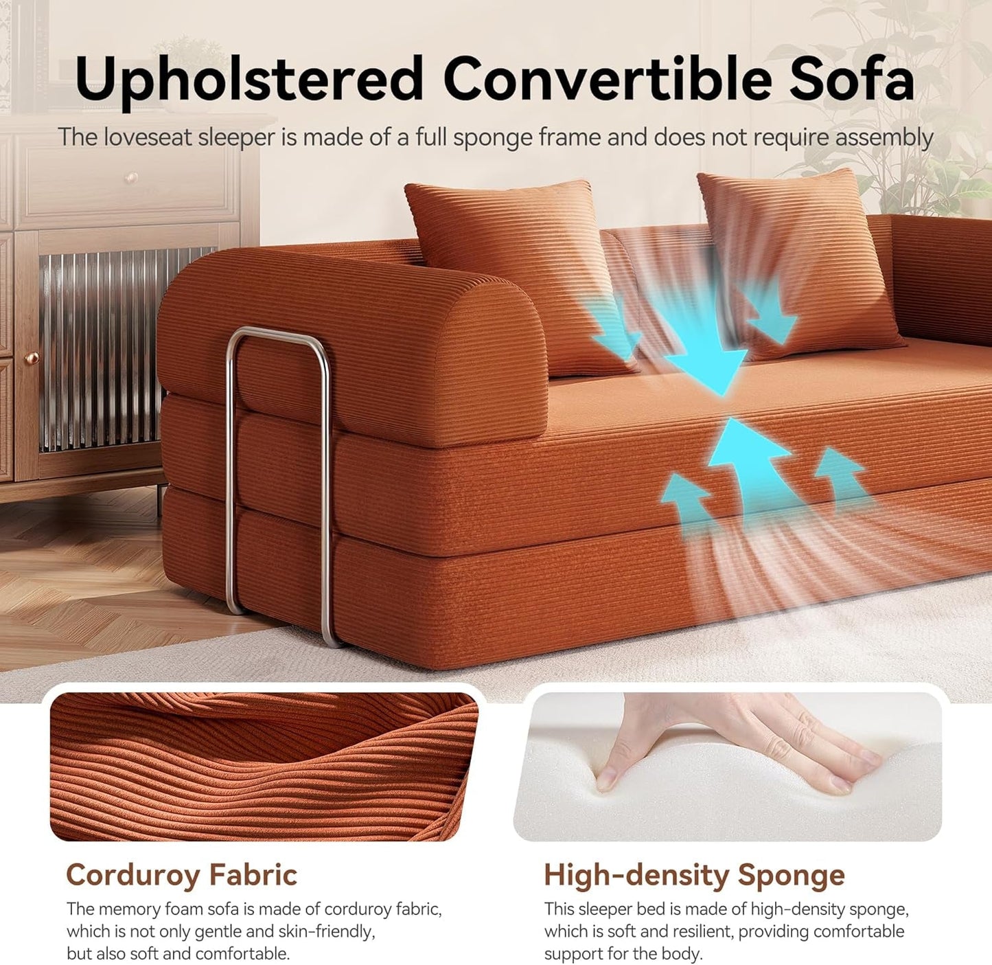 79 Inch Convertible Sofa Bed Orange Corduroy Pillows