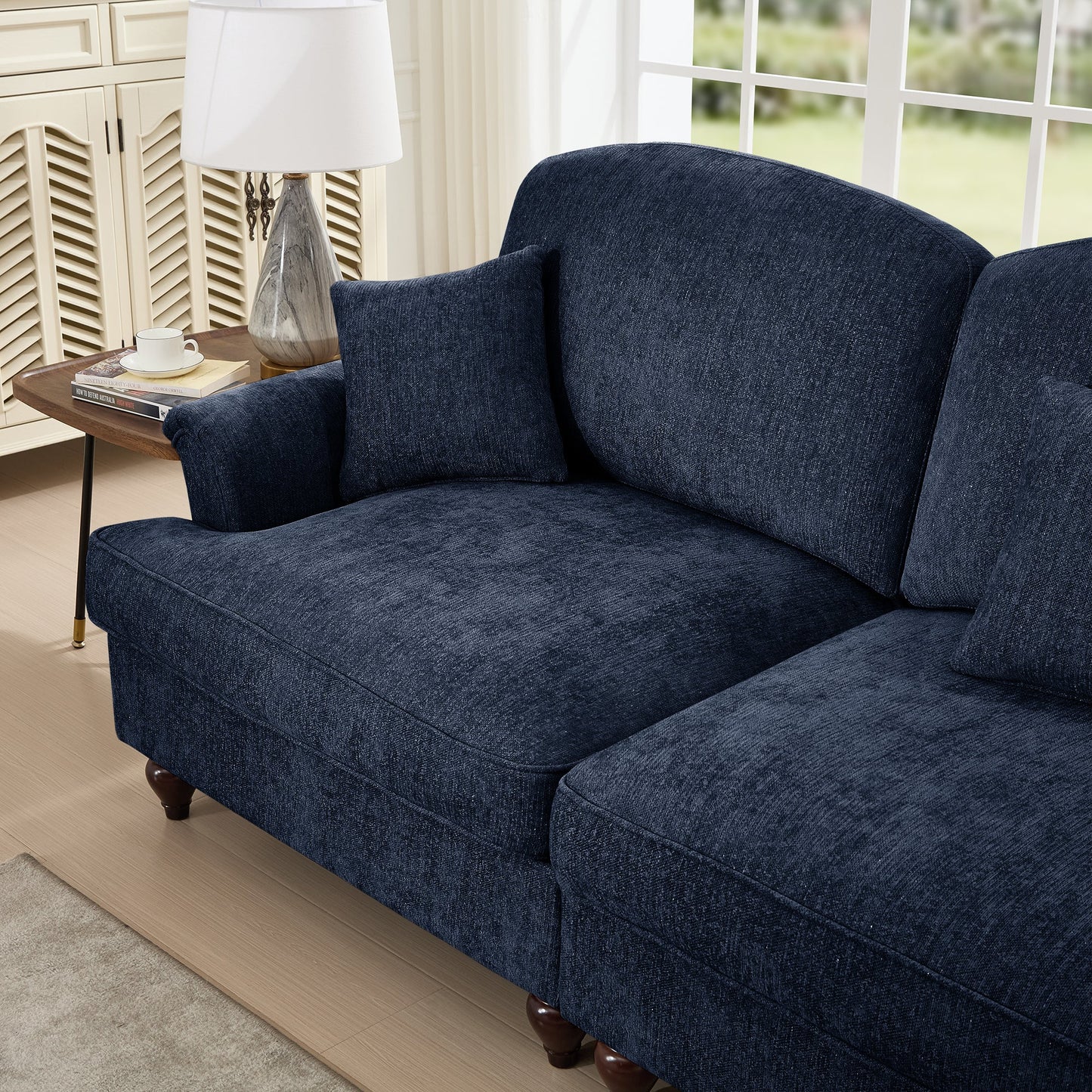 Mid Century Three Seater Modular L Shaped Sectional Couch with Flared Arms and Removable Ruffles Pleats Skirts and Spindle Legs, Comfy Chenille 3-Seat Deep Seat Sofa with Movable Ottoman,Blue