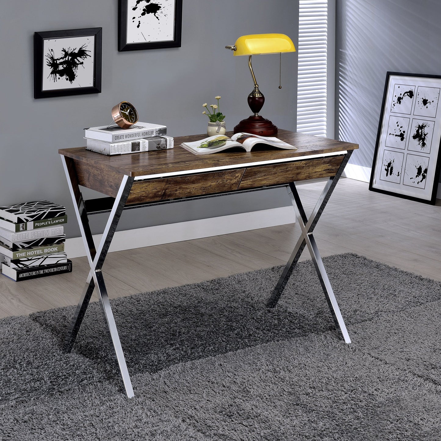Weathered Oak and Chrome 2-drawer Writing Desk