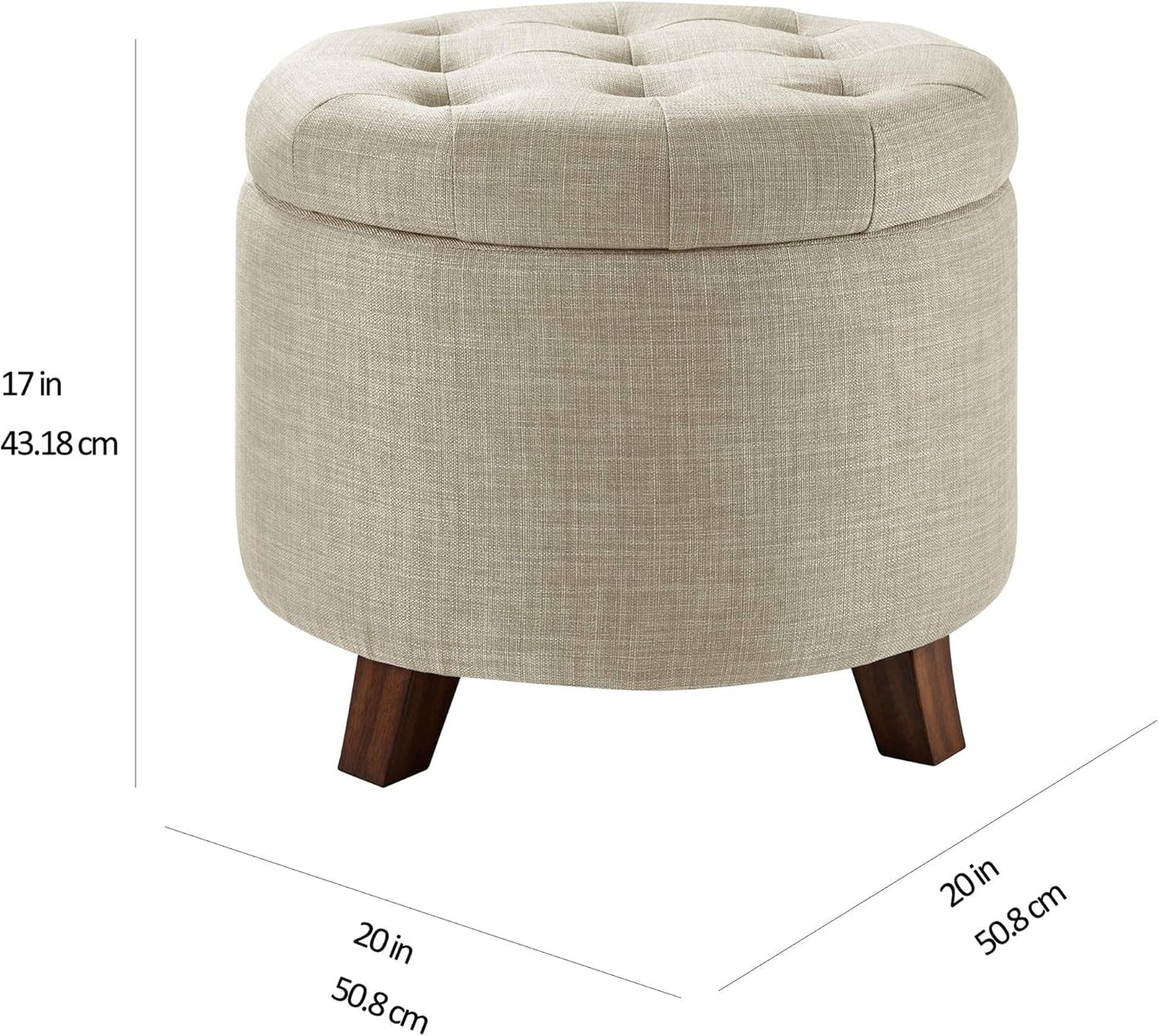 Beige Linen Round Storage Ottoman Featuring Tufting