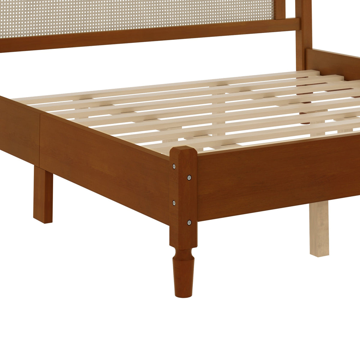 King Size Wooden Platform Bed with Rattan Headboard