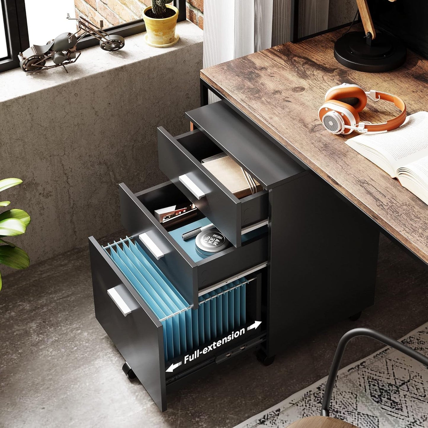 3 Drawer Wood File Cabinet Black For Letter A4 Size Home Office Storage Organizer