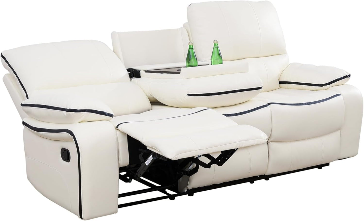 Creamy White Leather Recliner Sofa Set With Storage Console