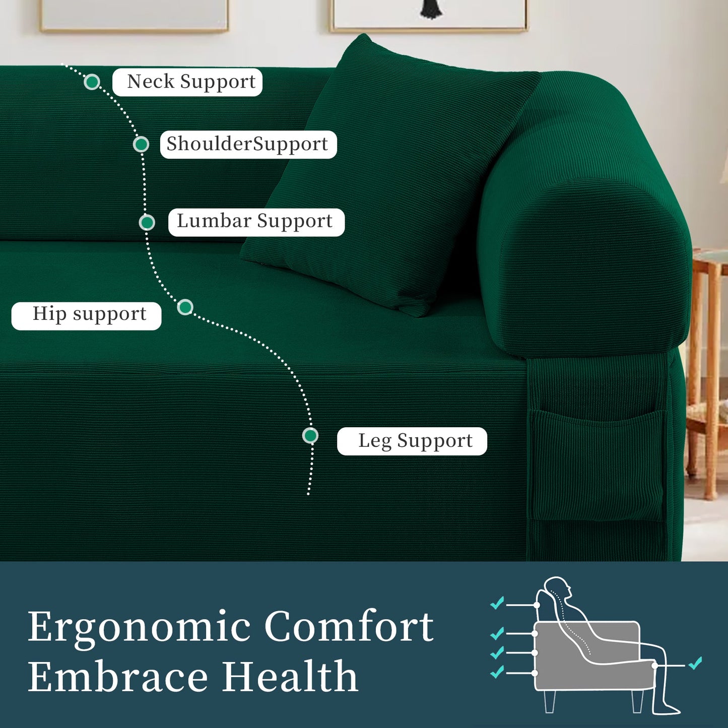 Spring Sofa with High-Quality Fabric, Pillows & Storage - Green
