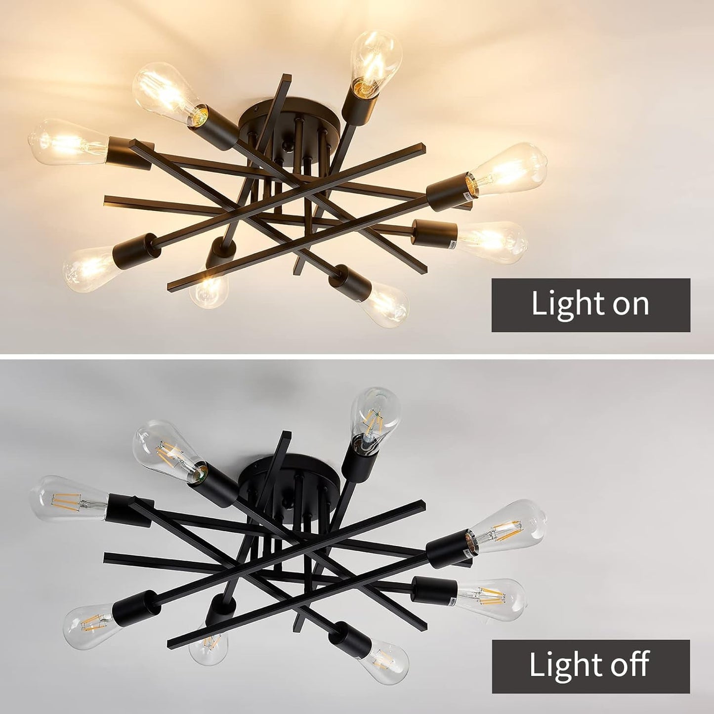 8 Light Matte Black Sputnik Chandelier Semi Flush Mount displayed with lights on and off, showcasing versatile design.