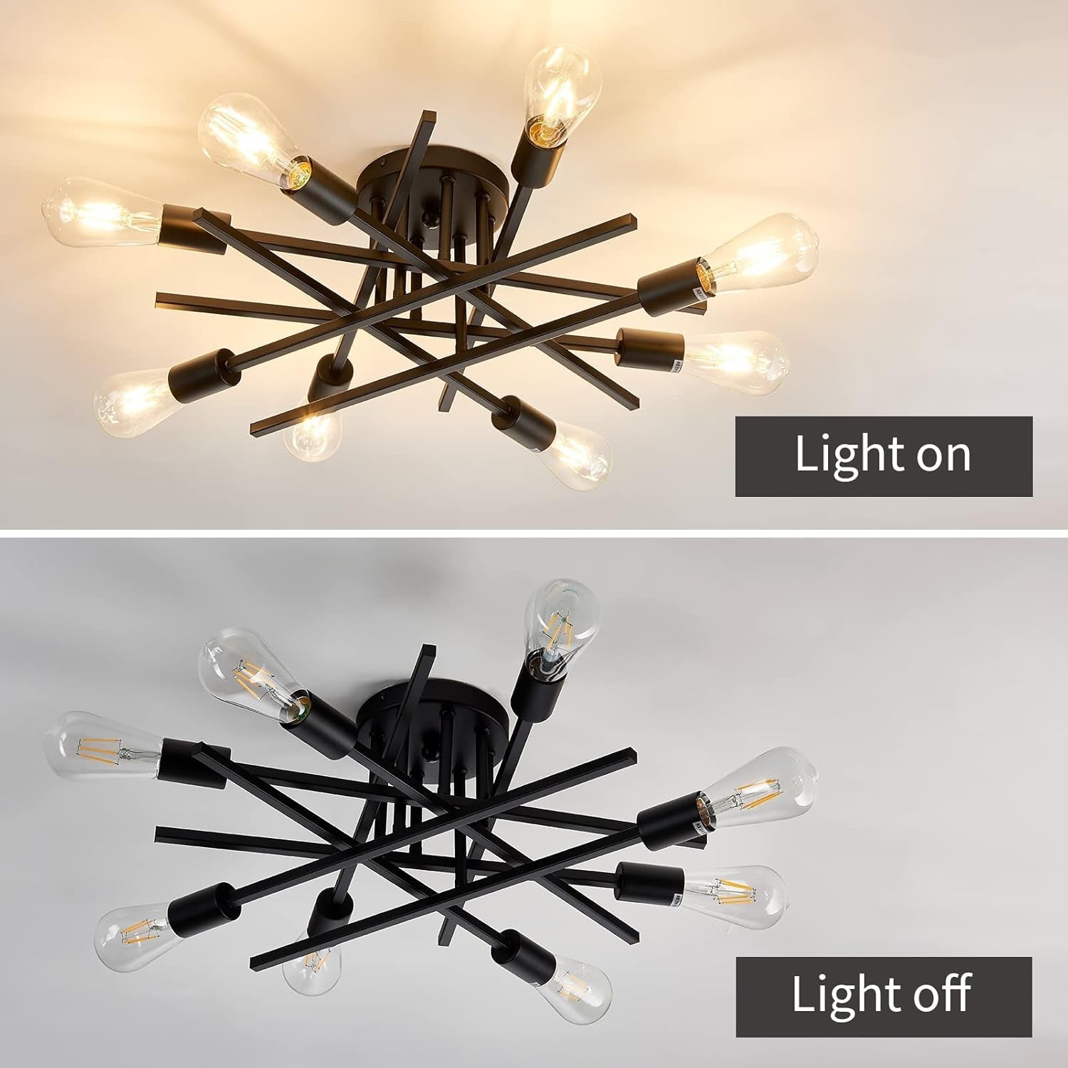 8 Light Matte Black Sputnik Chandelier Semi Flush Mount displayed with lights on and off, showcasing versatile design.