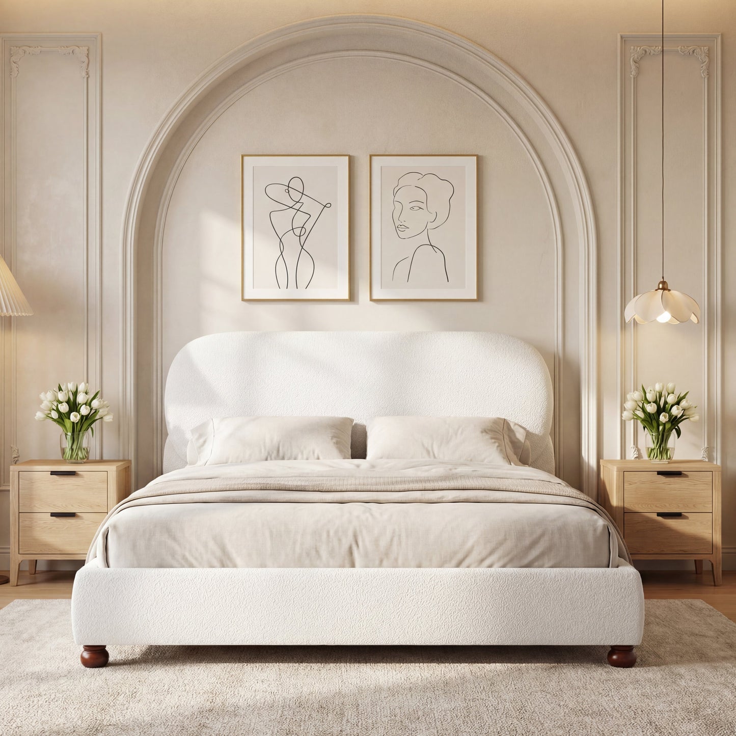 Cream-Colored Boucle Upholstered Bed with Rubber Wood Foot - King