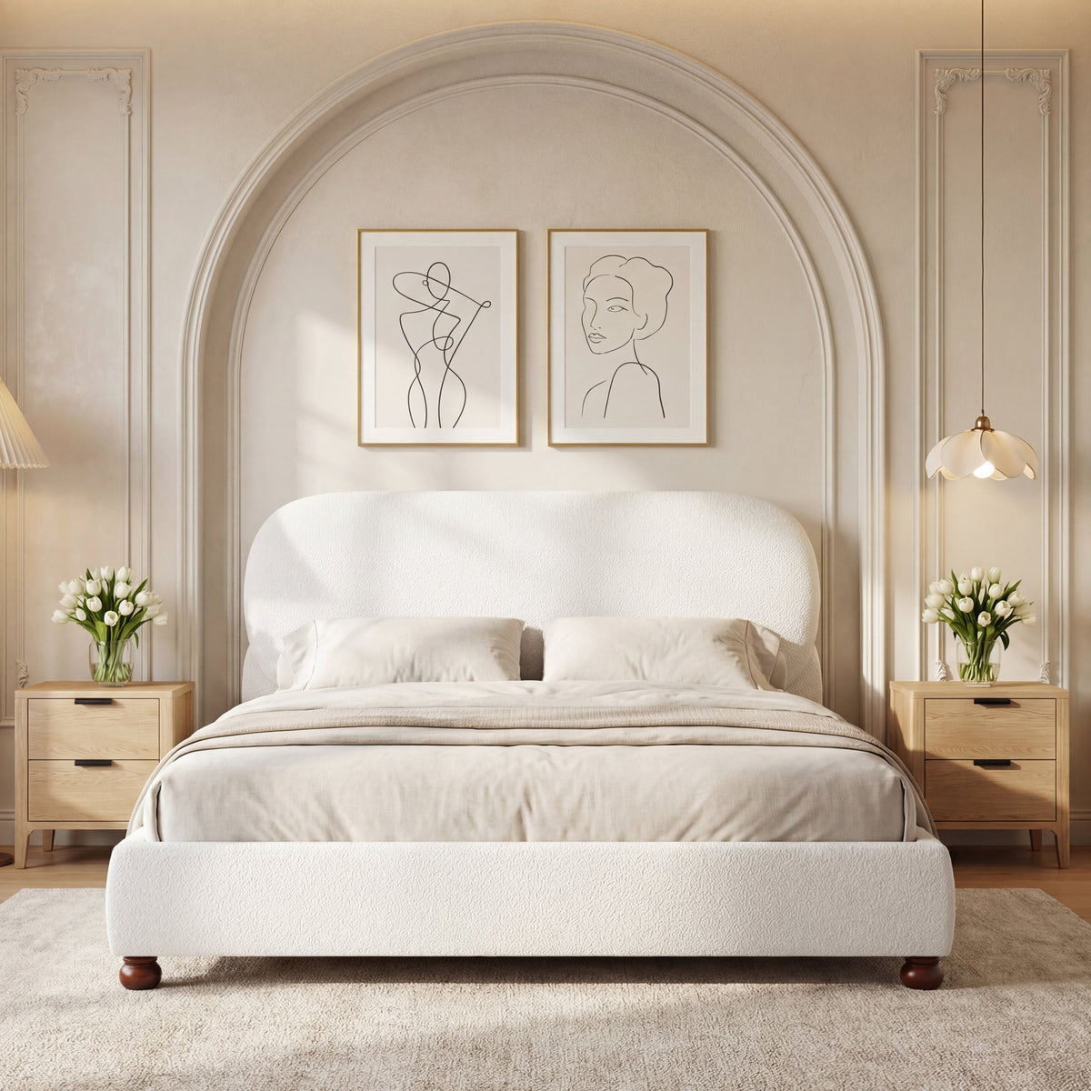 Cream-colored Boucle Upholstered Bed with Rubber Wood Foot, Queen