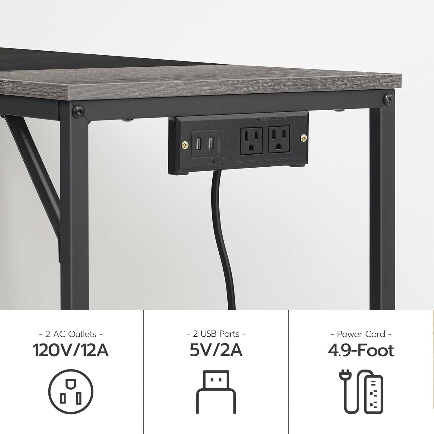 Charcoal Gray Computer Desk With Power Outlet And Hooks