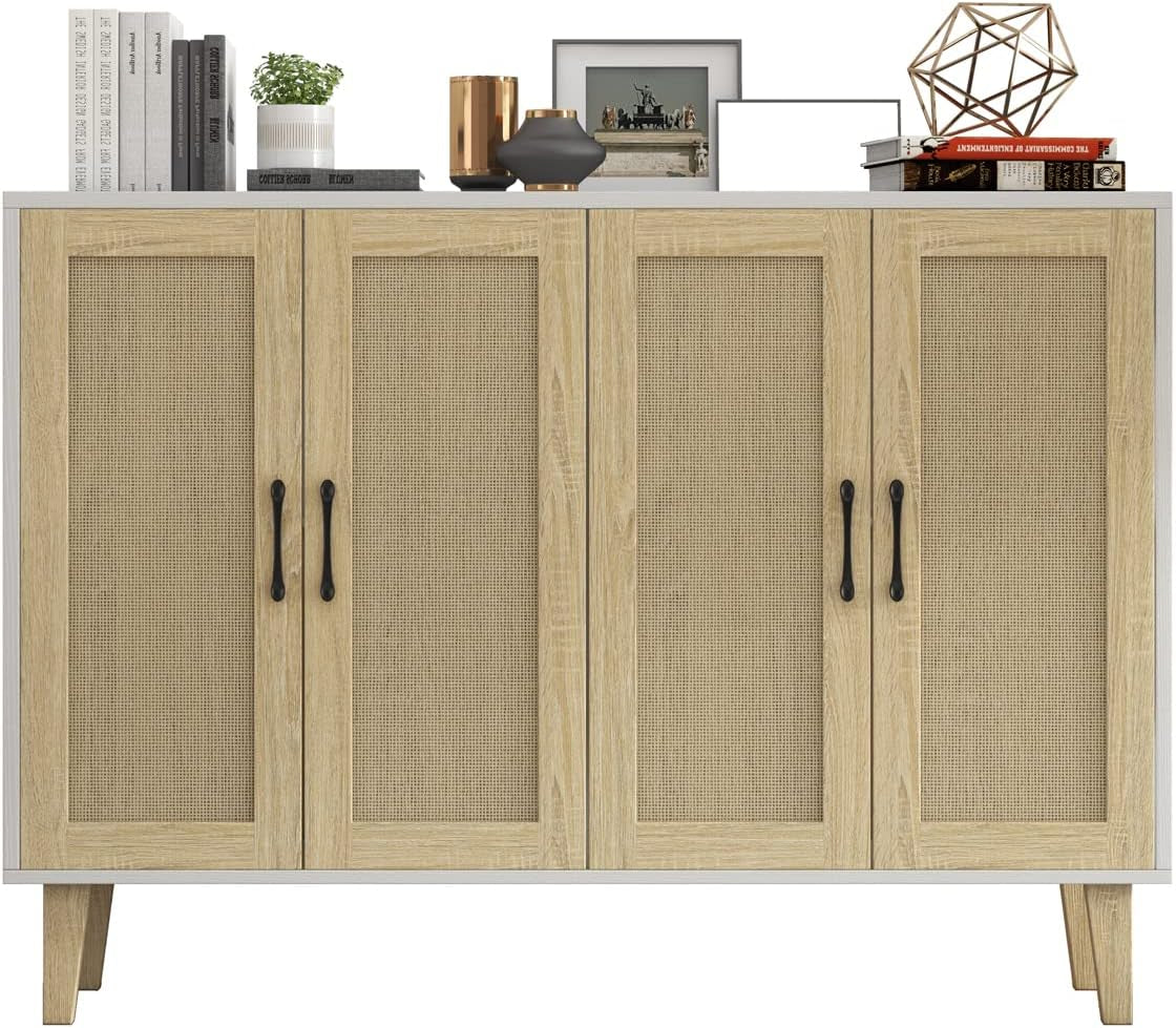 Buffet Storage Cabinet White Rattan Decor 4 Doors 48 Inch