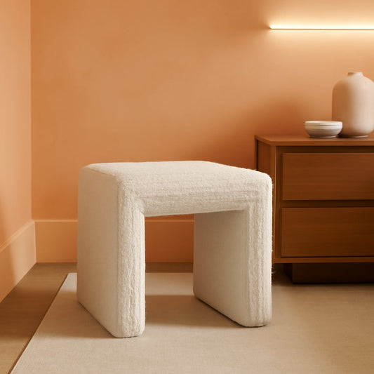 Cream Soft Boucle Upholstered Ottoman Footrest 18 Inches