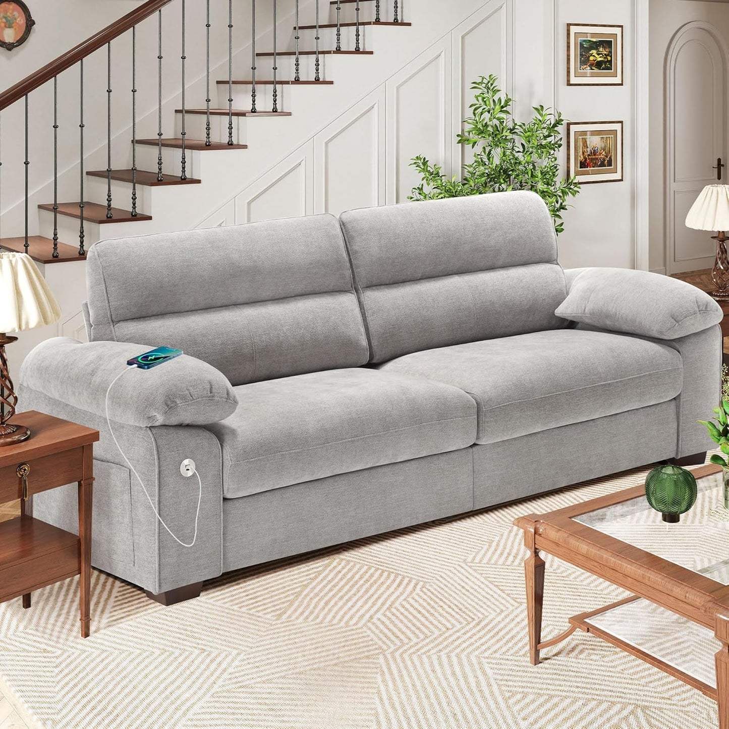 70 Inch Gray Chenille Loveseat With USB C Ports And Plush Cushions