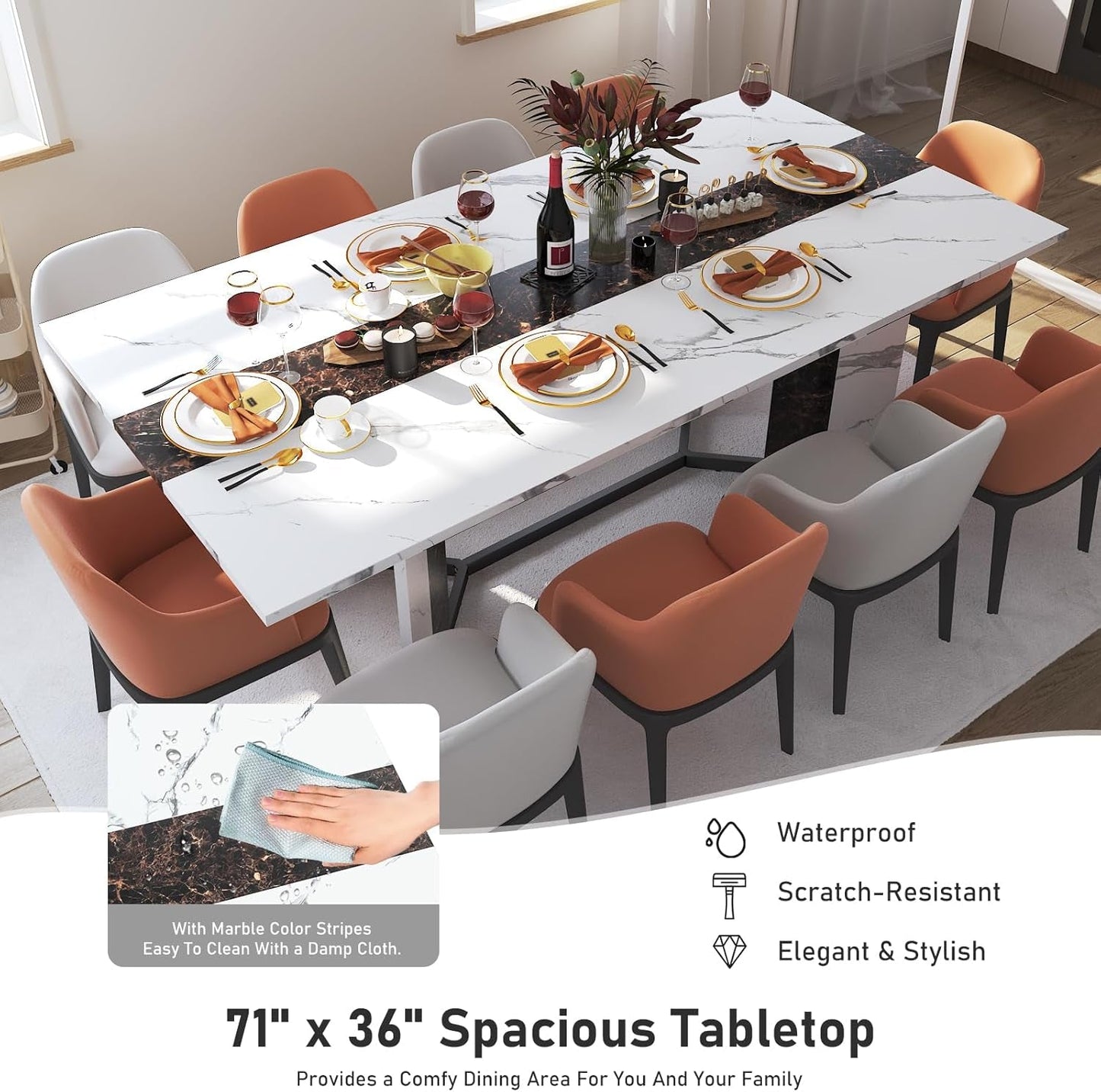 71 Inch Marble Top Dining Table For Home Kitchen Modern