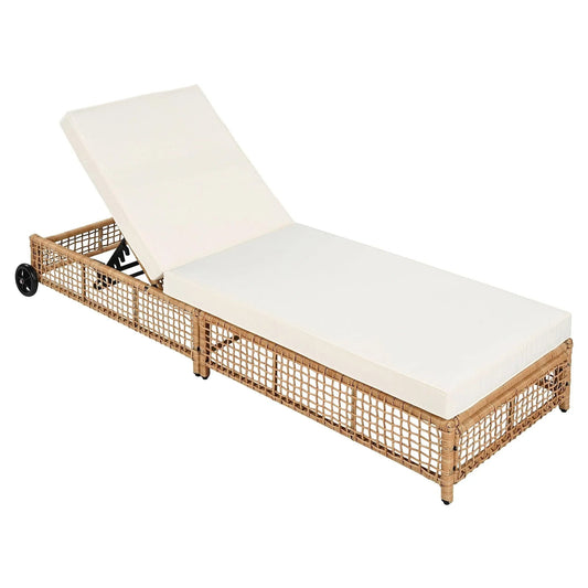 Outdoor Lounge Chair, Patio Chaise Lounge with 5-Position Backrest, Rattan Outdoor Lounge Chair with Cushion and Wheels for Poolside, Backyard, Garden