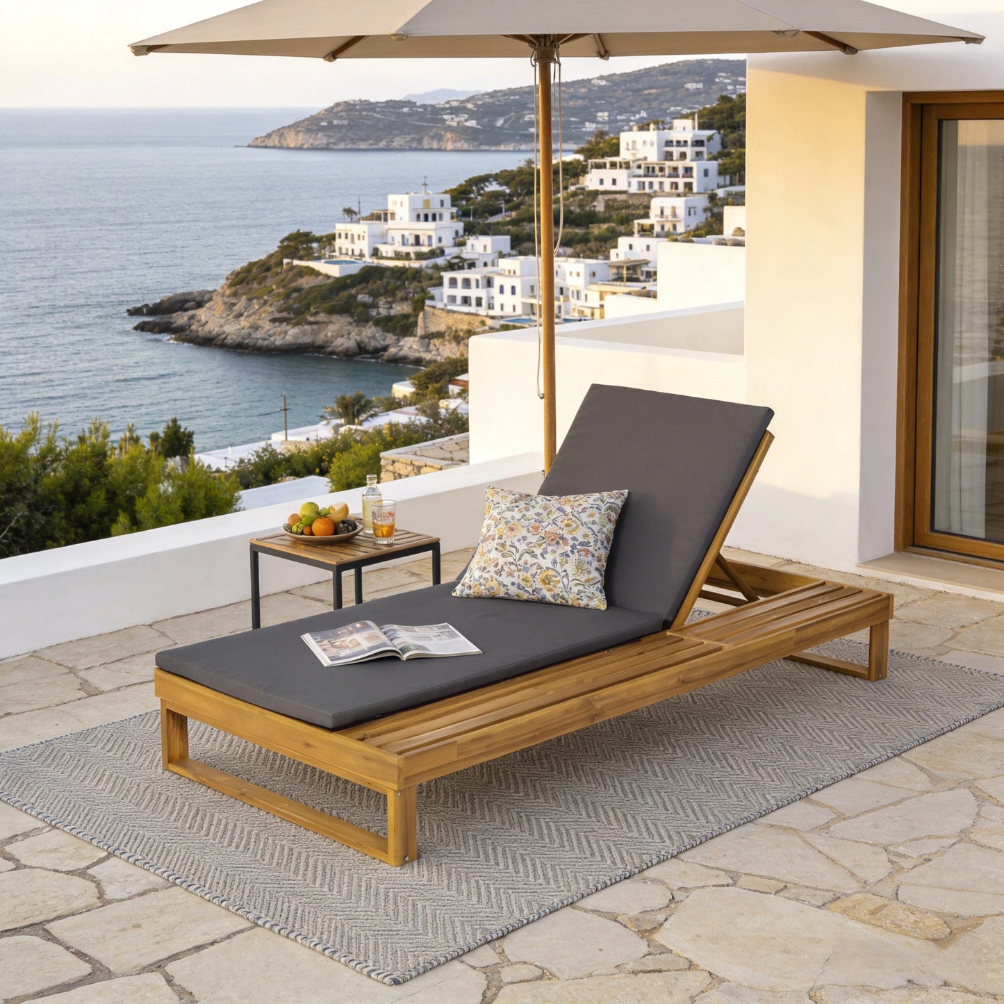 Teak Finish Acacia Wood Chaise Lounge with 1.57-Inch Cushion