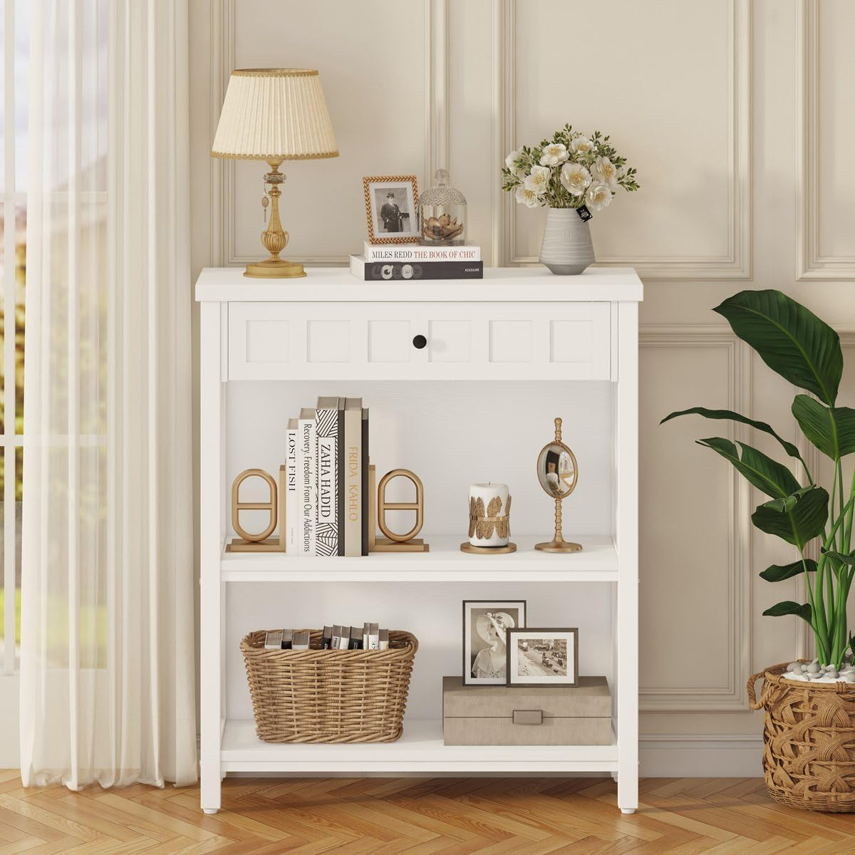Bookcase With Drawer In White Oak Finish For Living Room