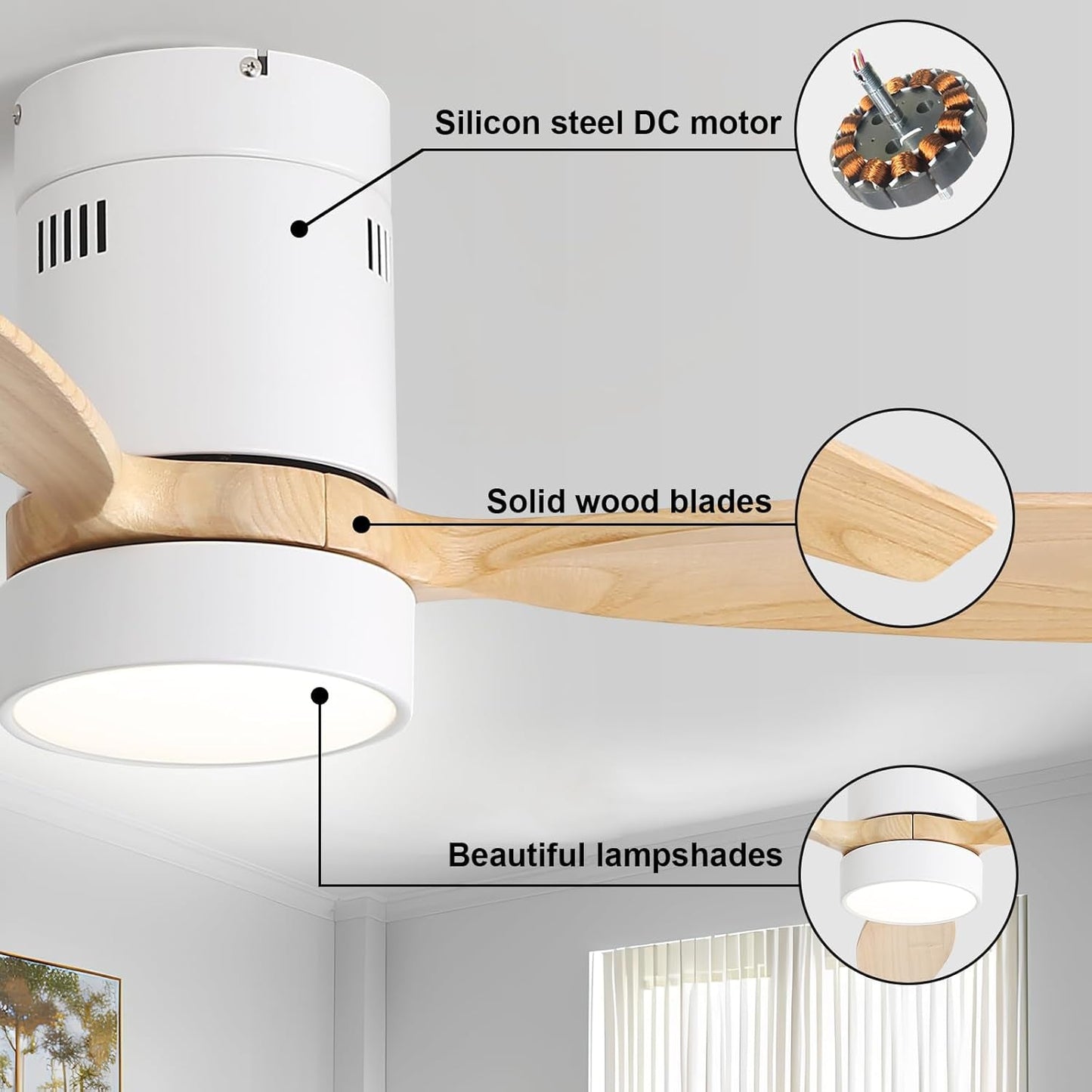 52 Inch White Wood Ceiling Fan With LED Light And Remote