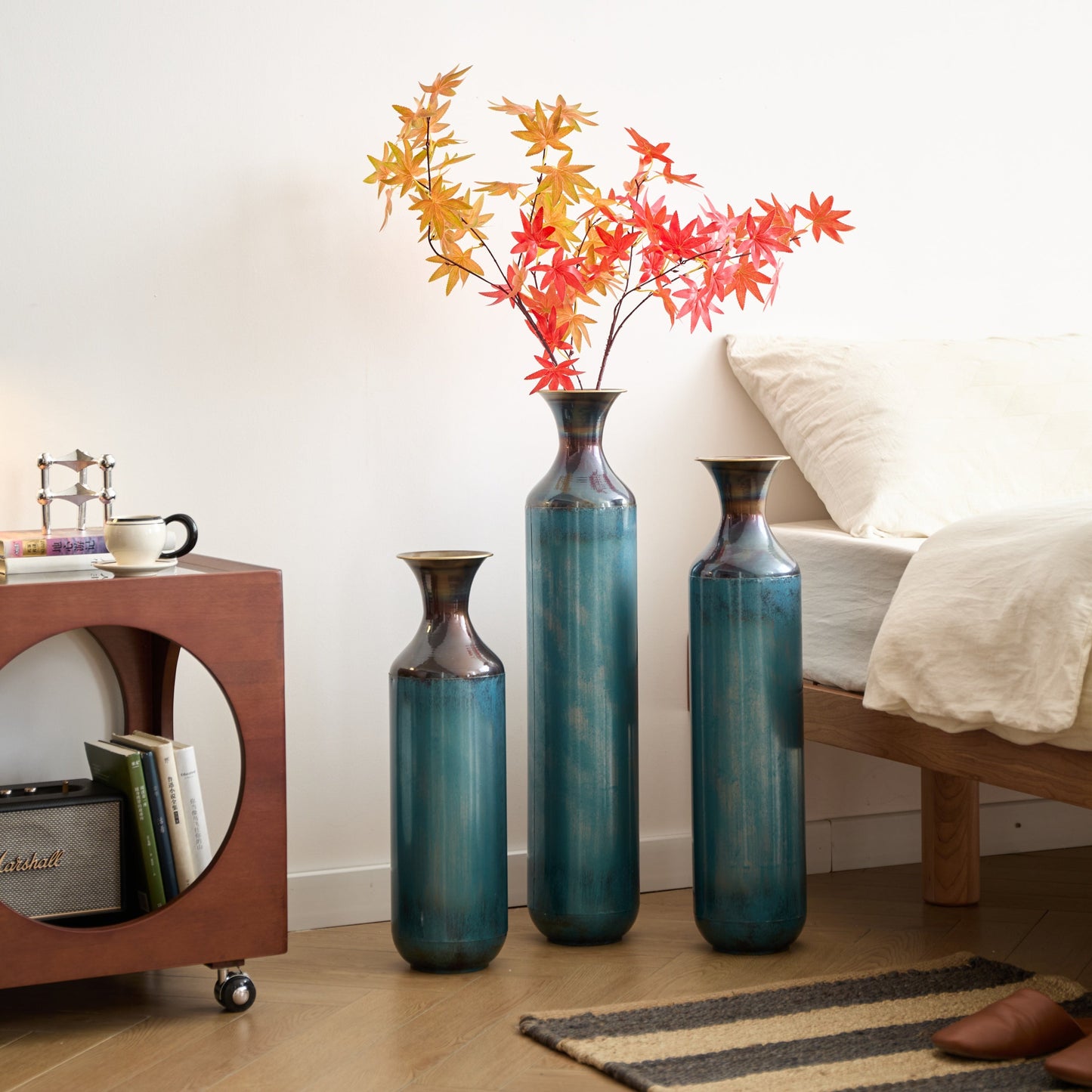 Modern Droplet-Shaped Floor Vase Set – Aqua Blue Glazed Metal Decorative Vases – 3-Piece Home Decor in 20.4 In, 24.4 In & 28.34 In Heights