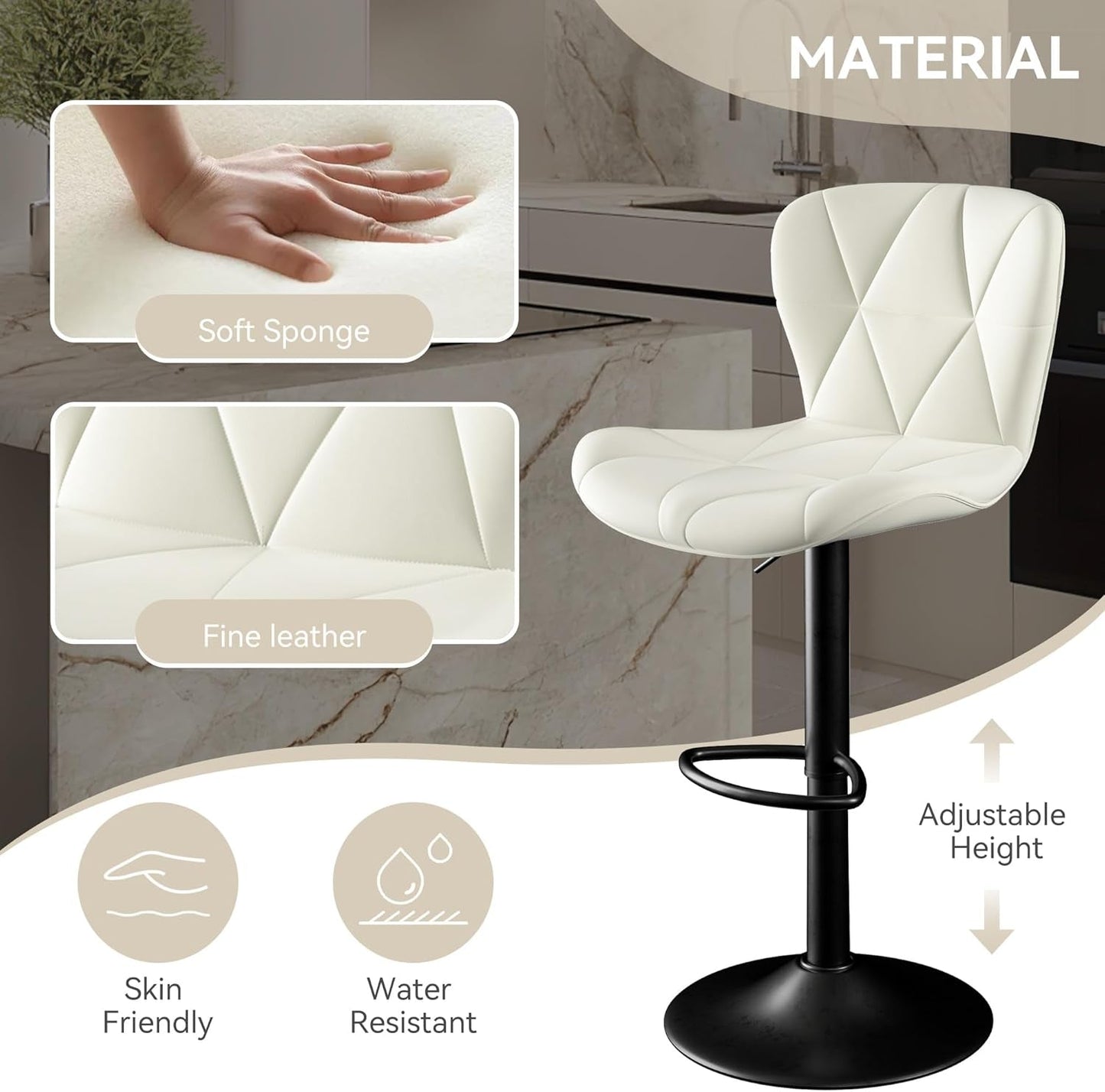 Adjustable Swivel Bar Stools Set Of 2 White Faux Leather