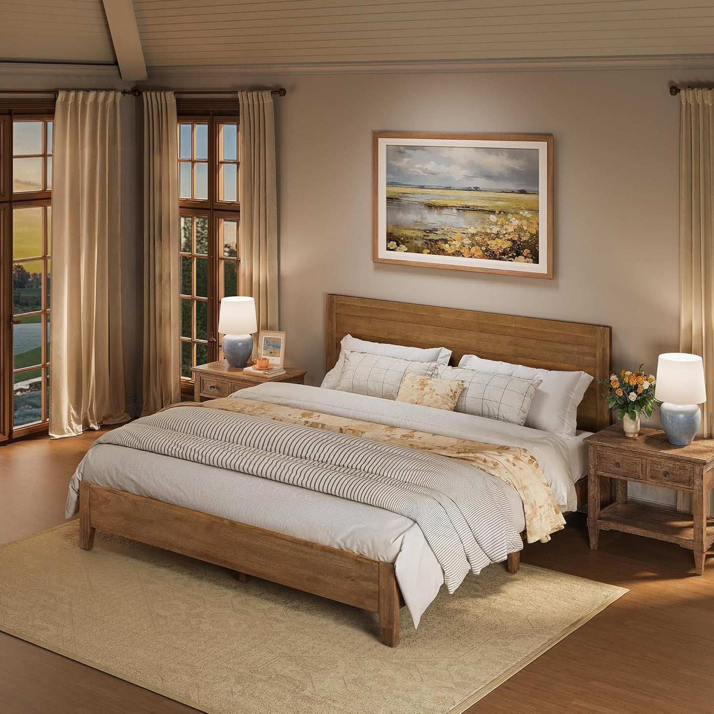 King Size Acacia Wood Platform Bed Frame With Headboard