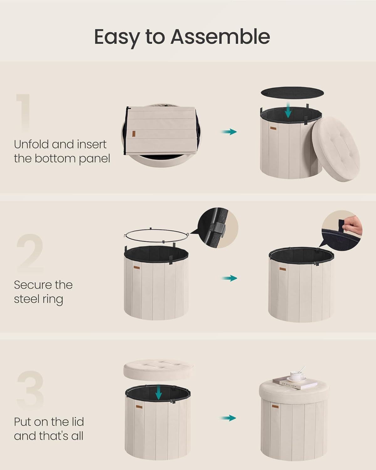 Round Folding Storage Ottoman Cappuccino Beige Velvet