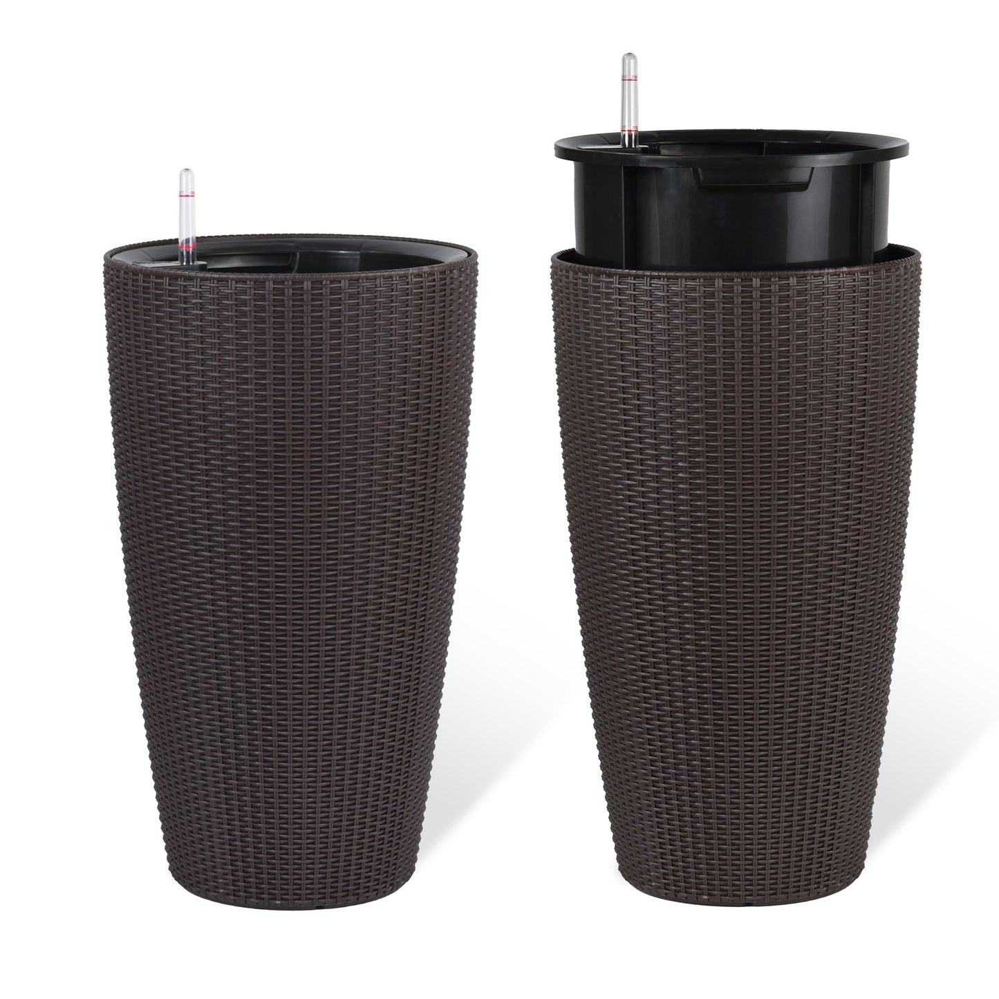 Set of 2 Faux Rattan Tall Planters with Automatic Watering