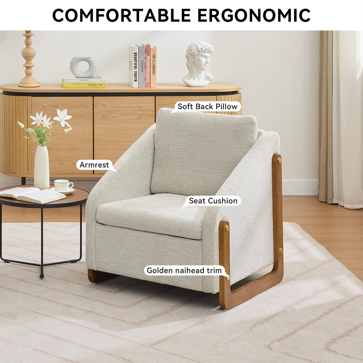 Chenille Fabric Modern Upholstered Armchair with Wooden Side Frame
