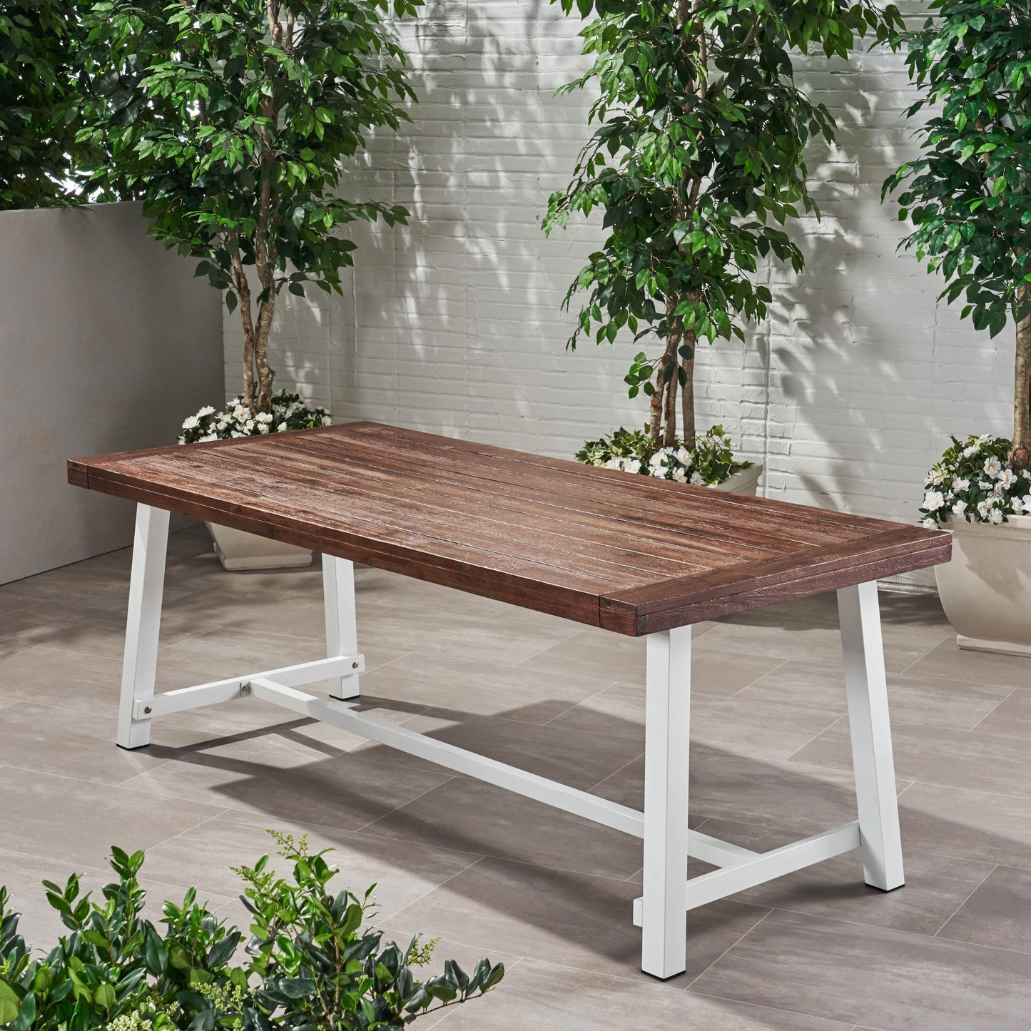 Equilibrium Outdoor Dining Table with Slat Top, Dark Brown
