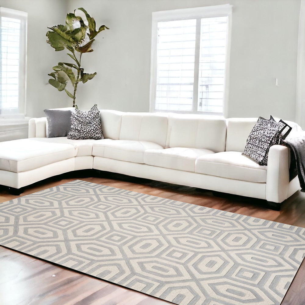 8' Grey Hand Tufted Geometric Indoor Runner Rug