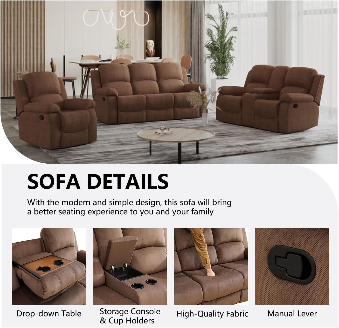 Manual Recliner Sofa Set In Brown Microfiber 3 Piece