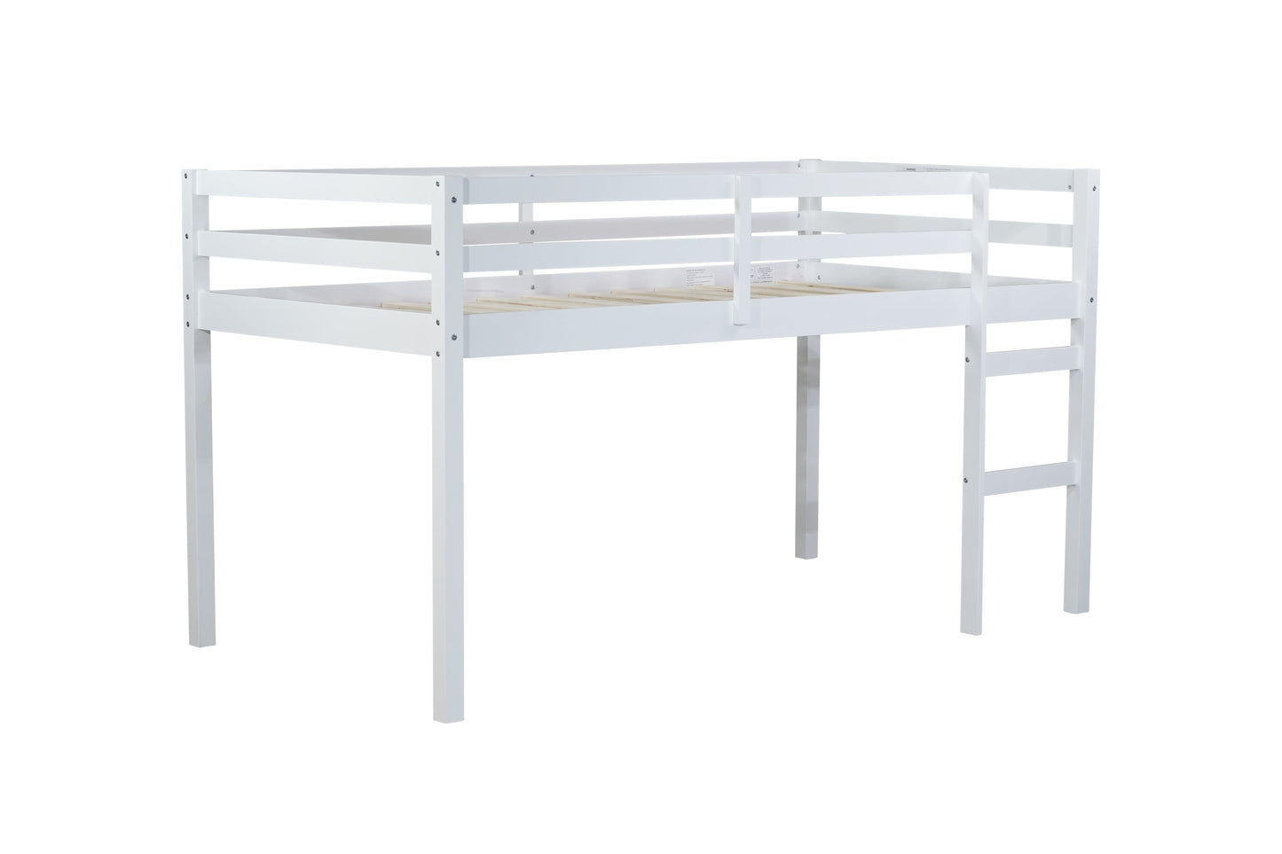 Solid Wooden, Rubber Wooden Twin Loft Bed with Ladder, Bed Platform of Strengthened Slats , White