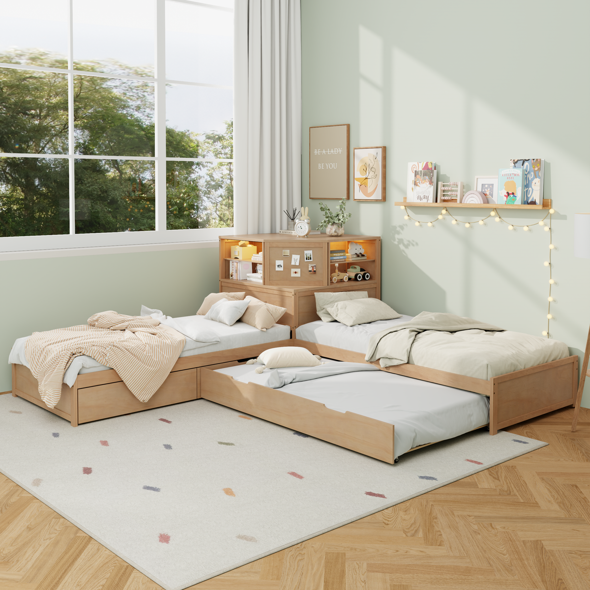 L-Shaped Combination Twin Bed Frame with Trundle and Drawer