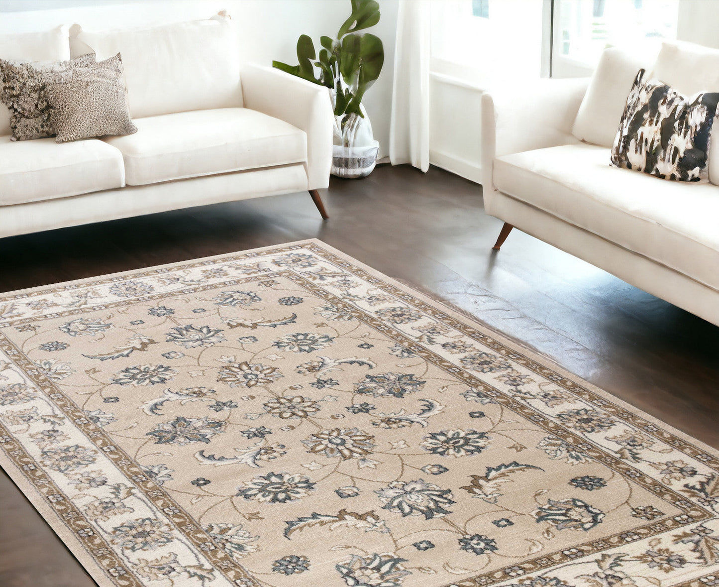 5' X 8' Beige Ivory Bordered Floral Indoor Area Rug