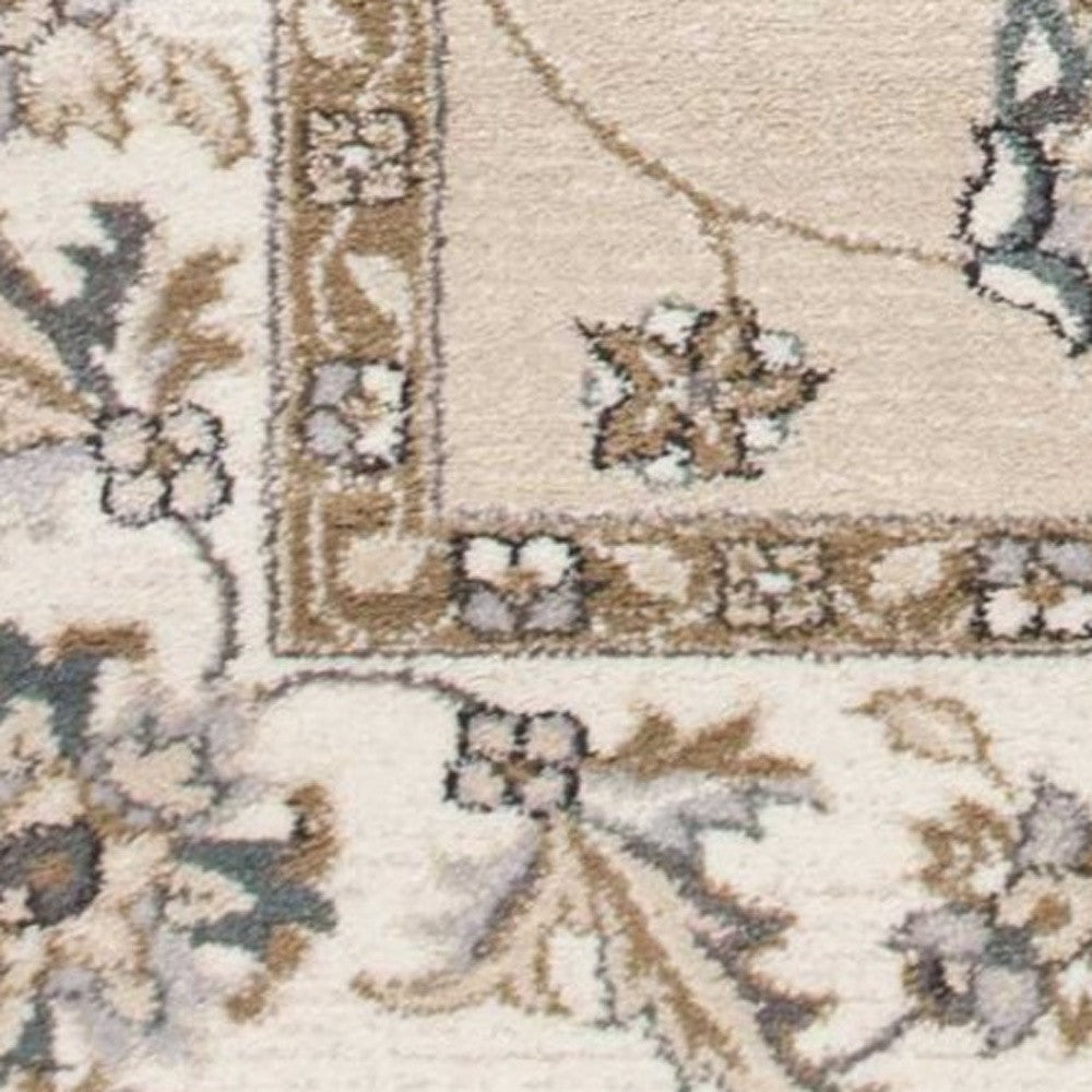 5' X 8' Beige Ivory Bordered Floral Indoor Area Rug