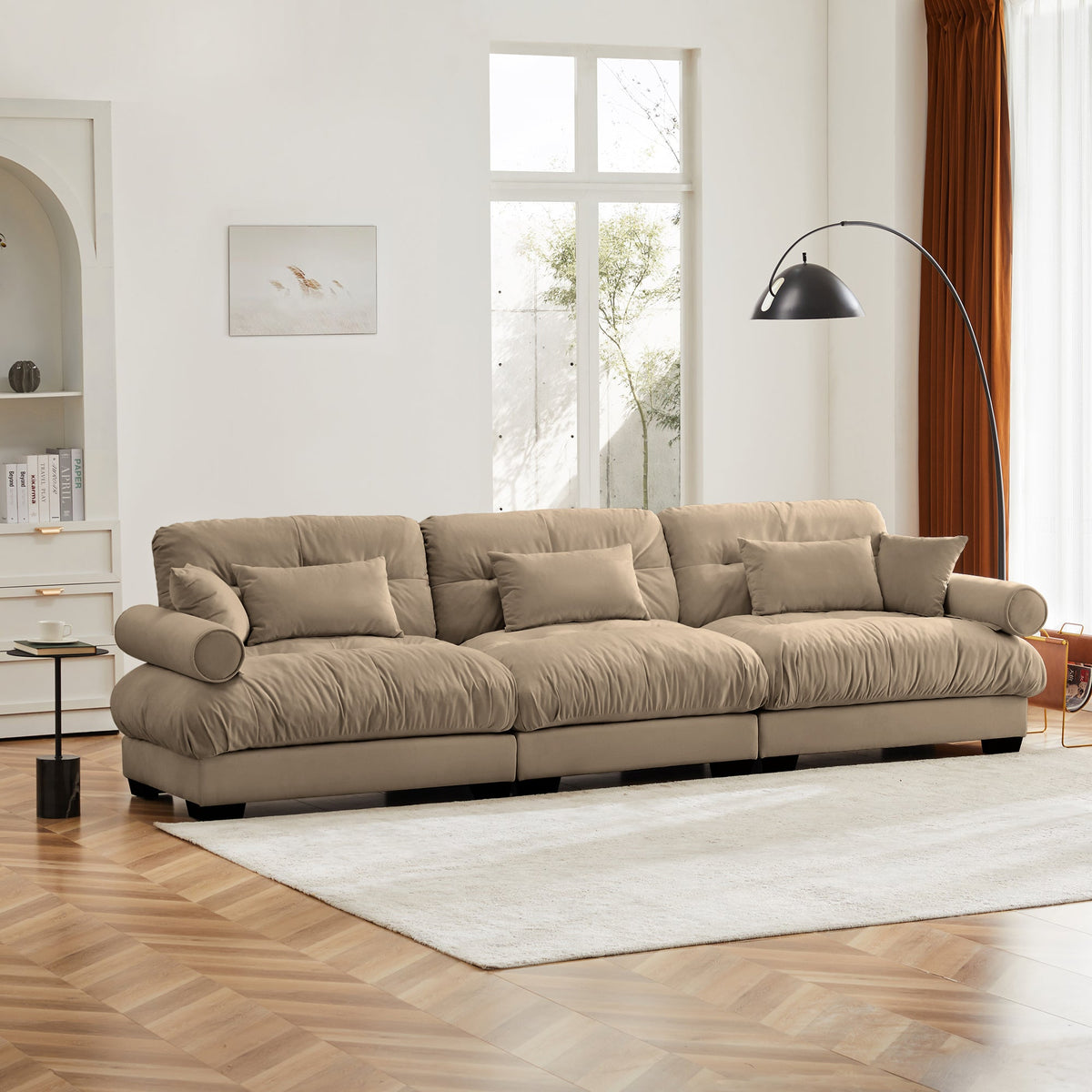 Extra Large 3 Seat Modern Velvet Sofa - Camel