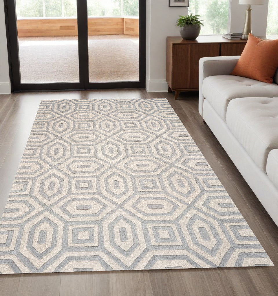 8' Grey Hand Tufted Geometric Indoor Runner Rug
