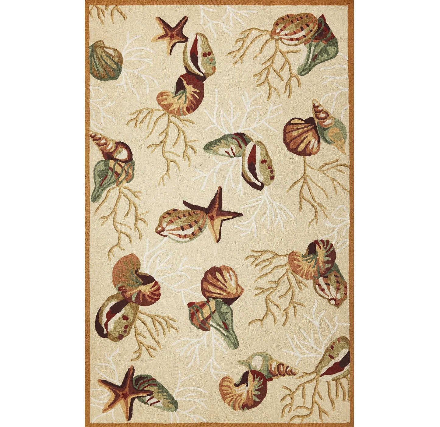 8' Beige Hand Hooked Sea Shells Indoor Runner Rug