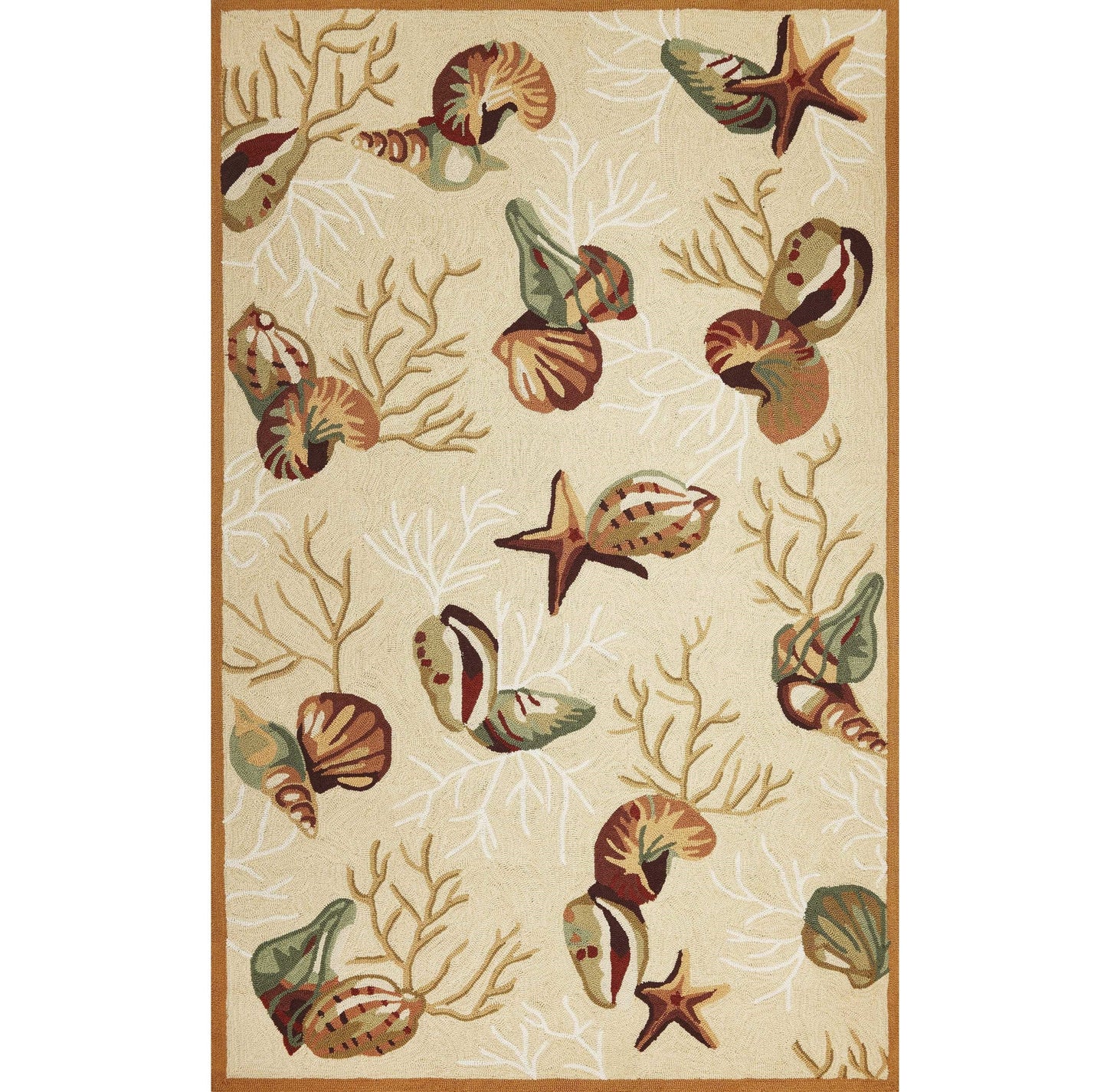 8' Beige Hand Hooked Sea Shells Indoor Runner Rug