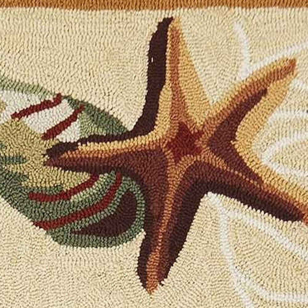 8' Beige Hand Hooked Sea Shells Indoor Runner Rug