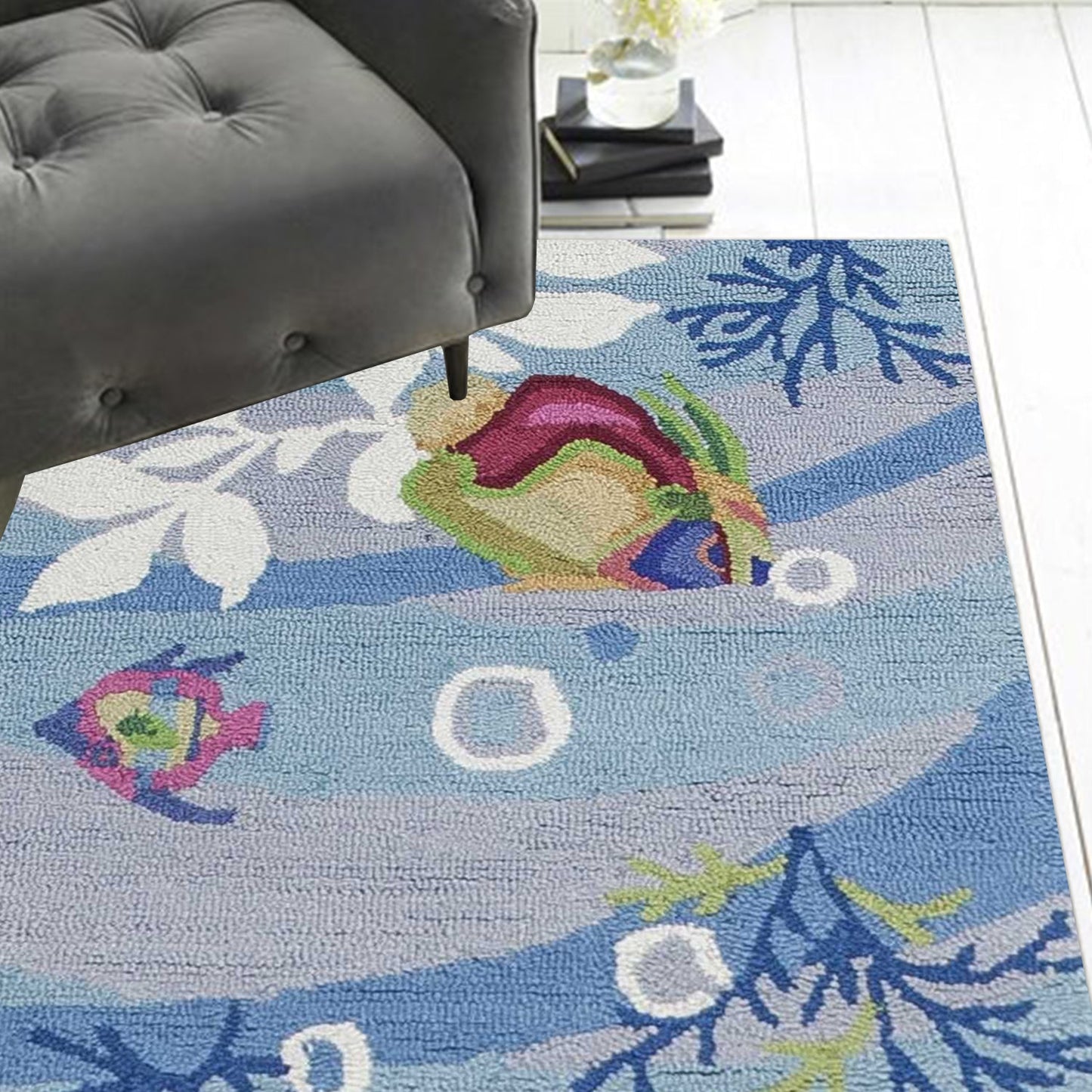 5' X 8' Blue Hand Hooked Marine Life Indoor Area Rug