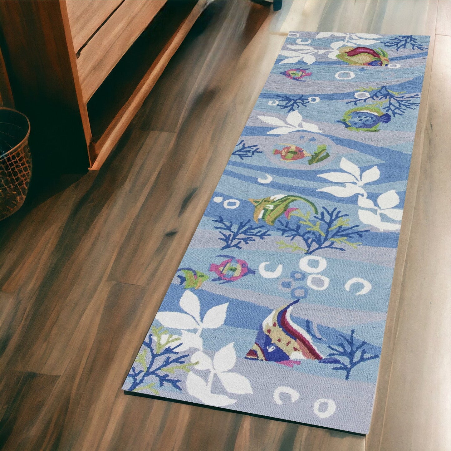 5' X 8' Blue Hand Hooked Marine Life Indoor Area Rug