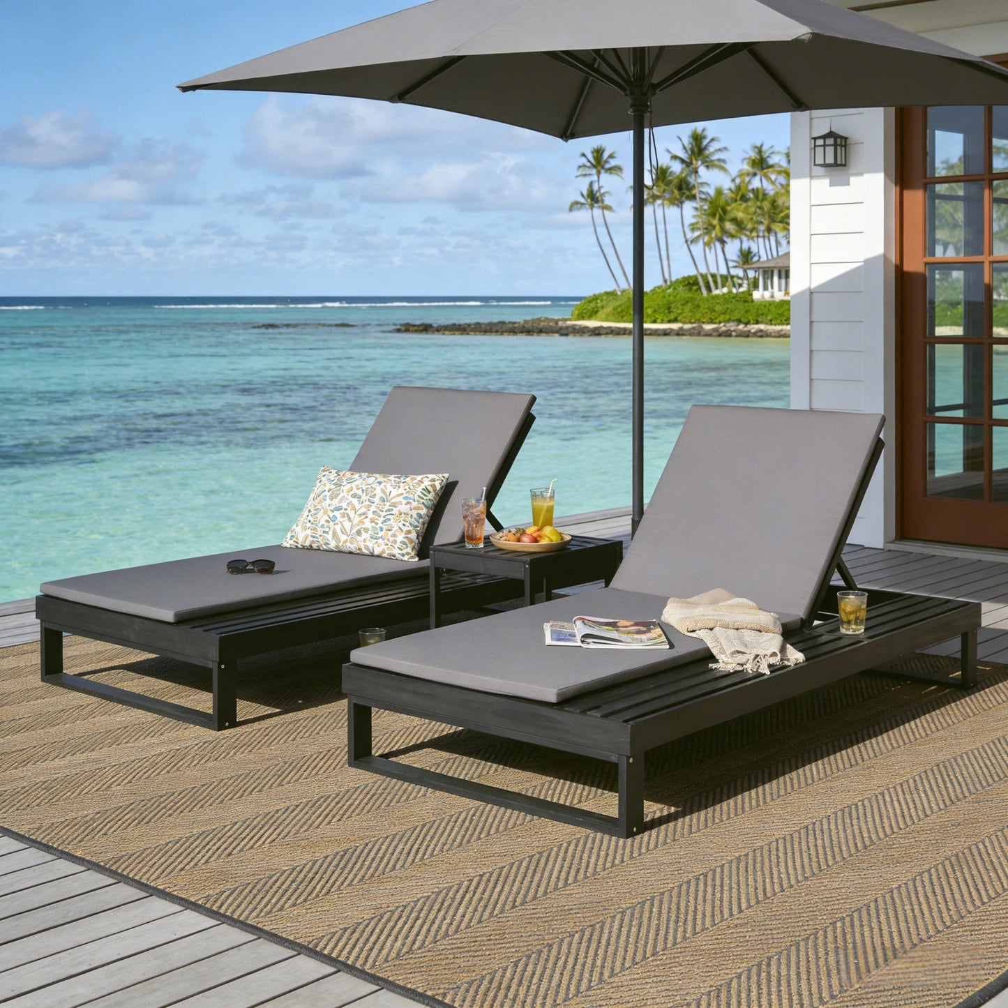 Black Acacia Wood Chaise Lounge with 1.57-Inch Cushion