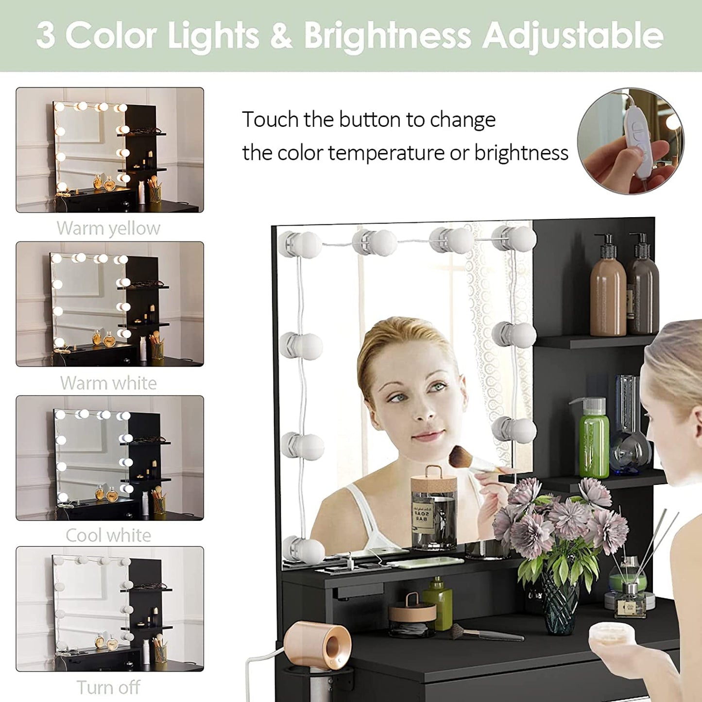 Black Makeup Vanity Table With Lighted Mirror And USB Ports showing adjustable 3 color lights and brightness settings.