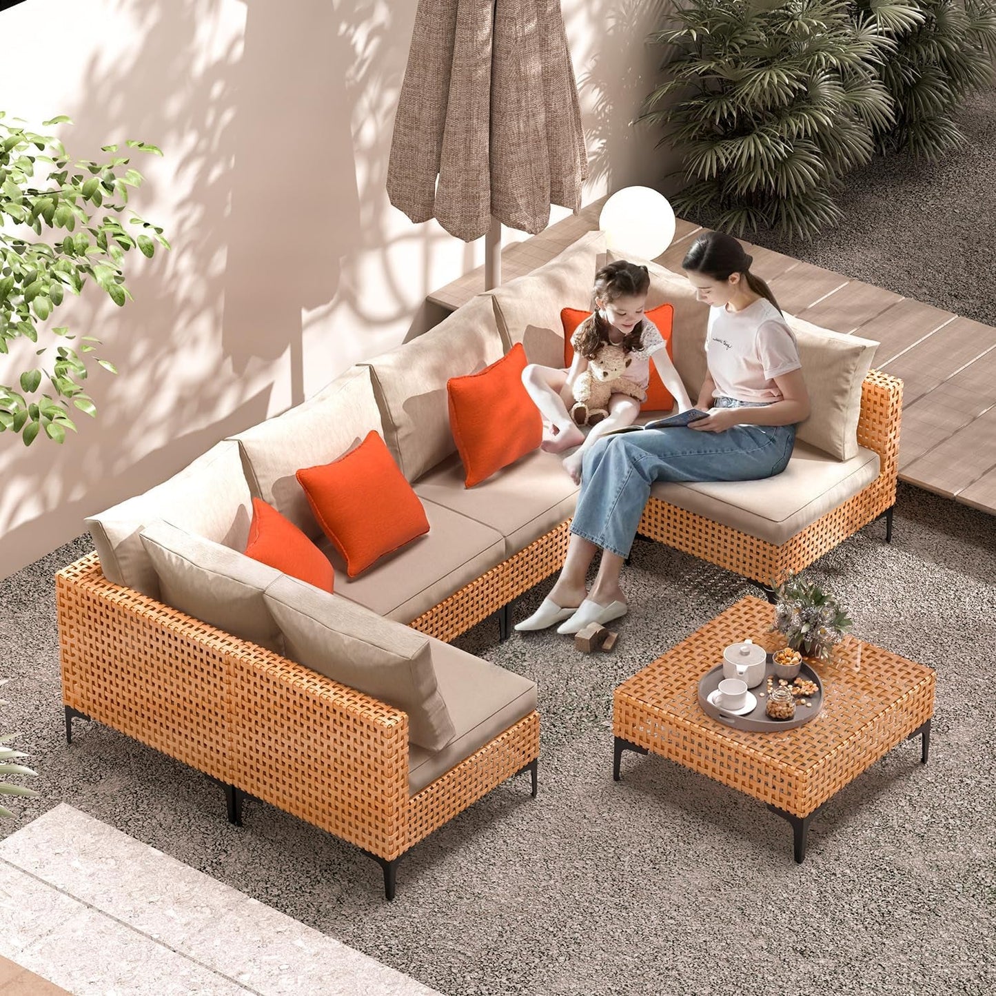 5 Piece Outdoor Patio Set Sectional Sofa Salmon Orange