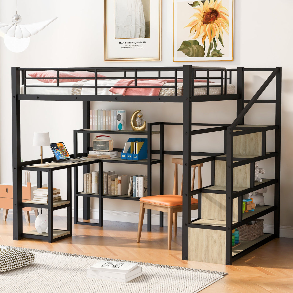 Full Size Metal Loft Bed with Staircase, Built-in Desk and Shelves