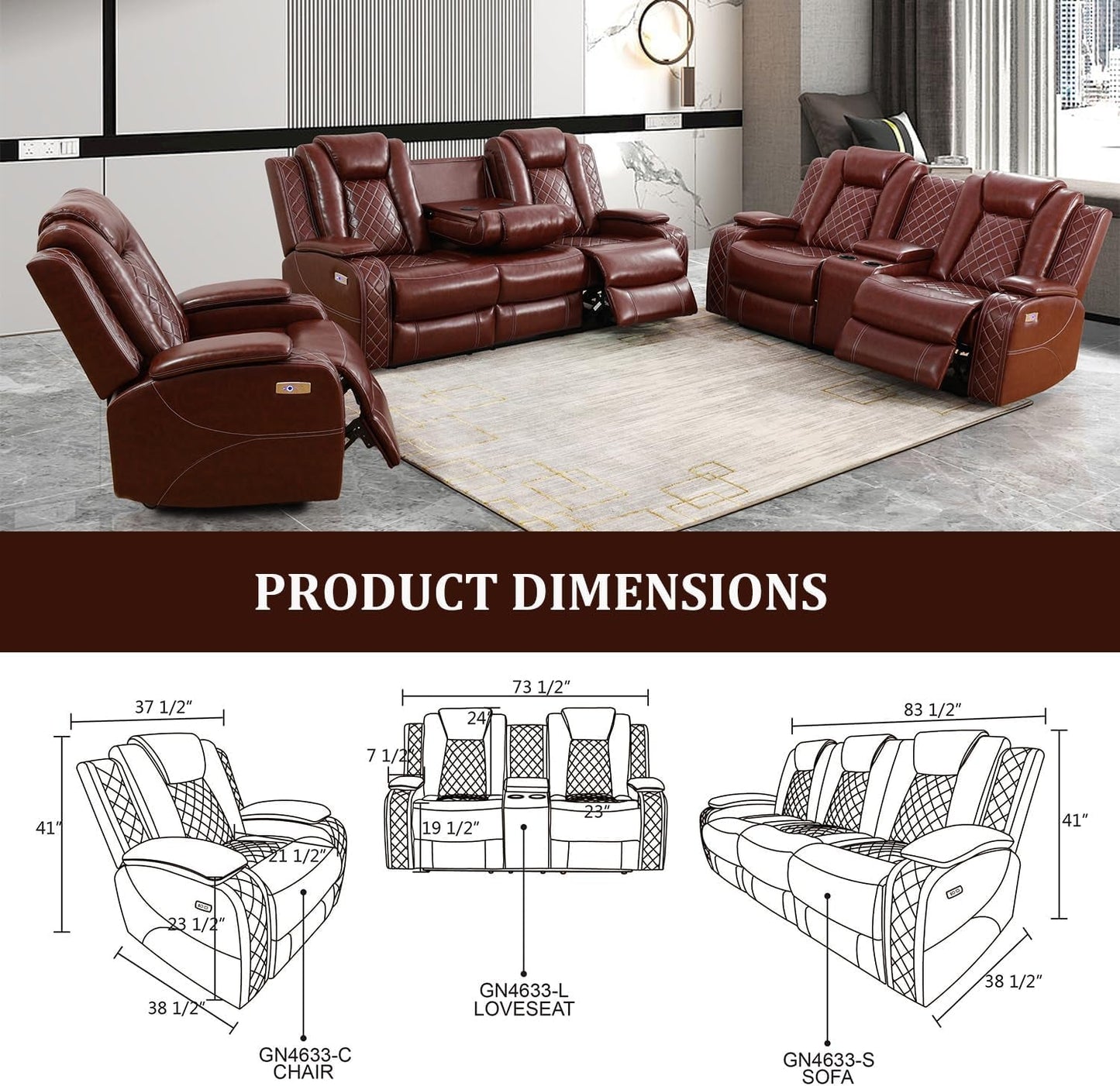 Power Reclining Leather Sofa Set With USB Ports Burgundy