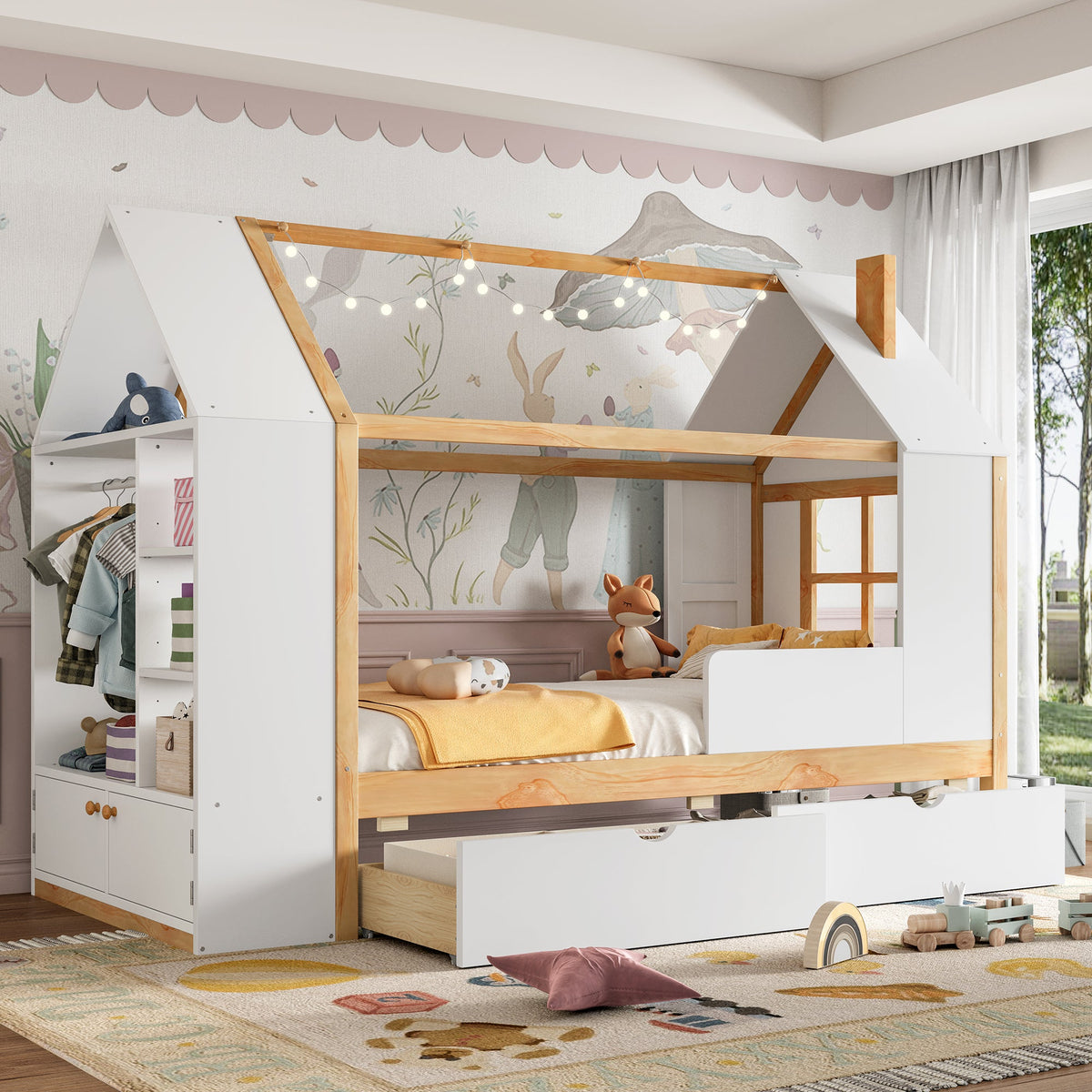 Twin Size House Platform Bed with Drawers and Shelves