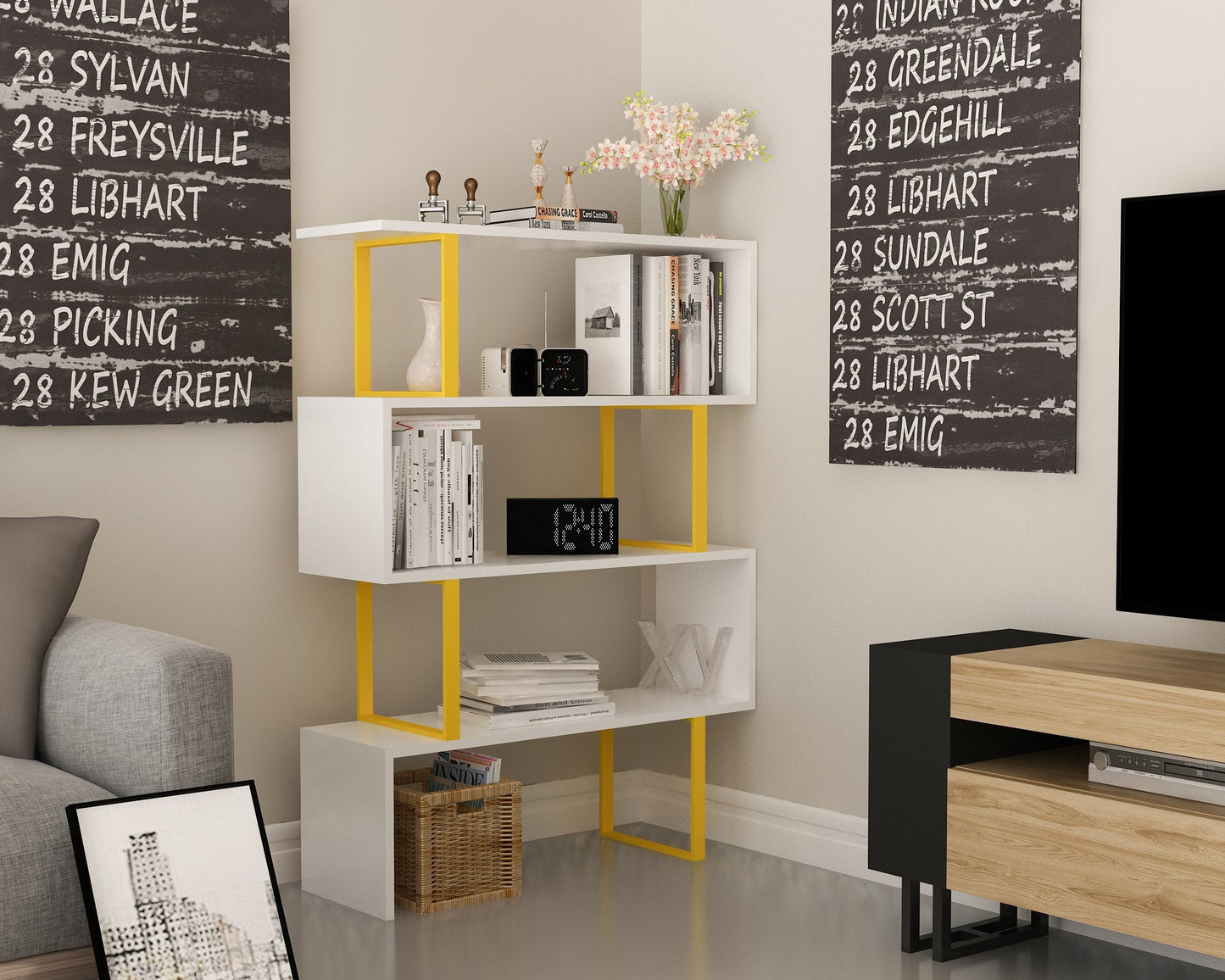 Adriana 49" Tall Metal Manufactured Wood Geometric Bookcase